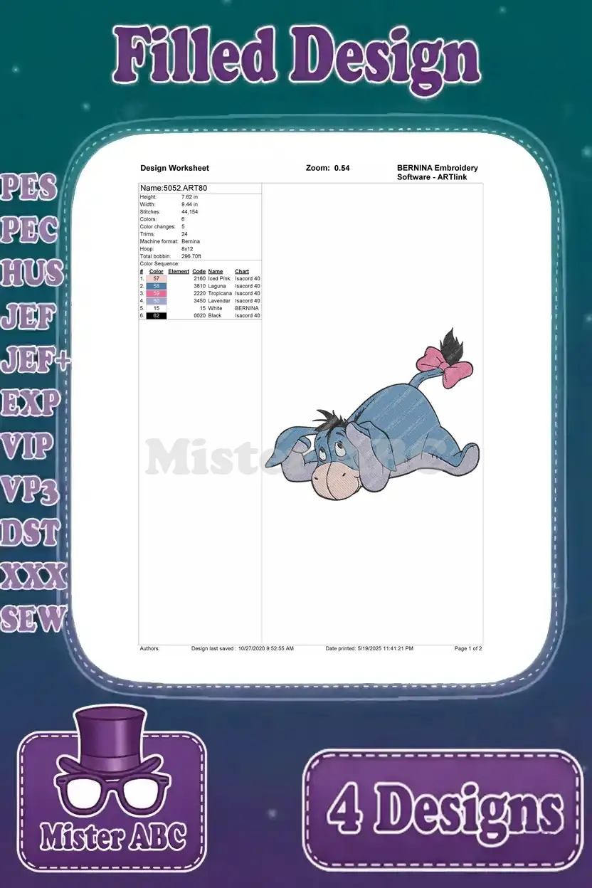 Detailed design worksheet for the second Eeyore filled embroidery design, showing stitch count and color sequence.
