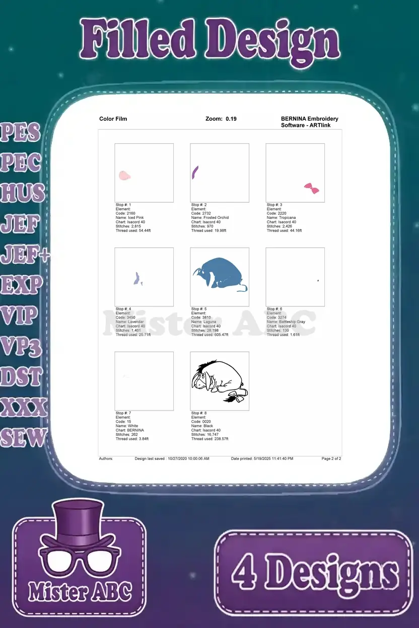 Color film breakdown for the napping Eeyore embroidery design, illustrating the individual stitch layers.