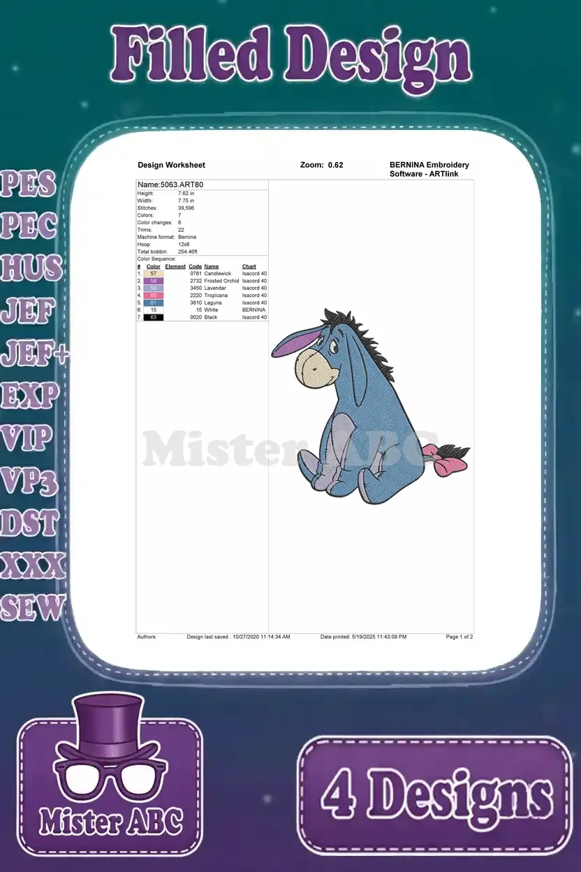 Detailed design worksheet for one Eeyore filled embroidery pattern, showing stitch counts and color sequence.