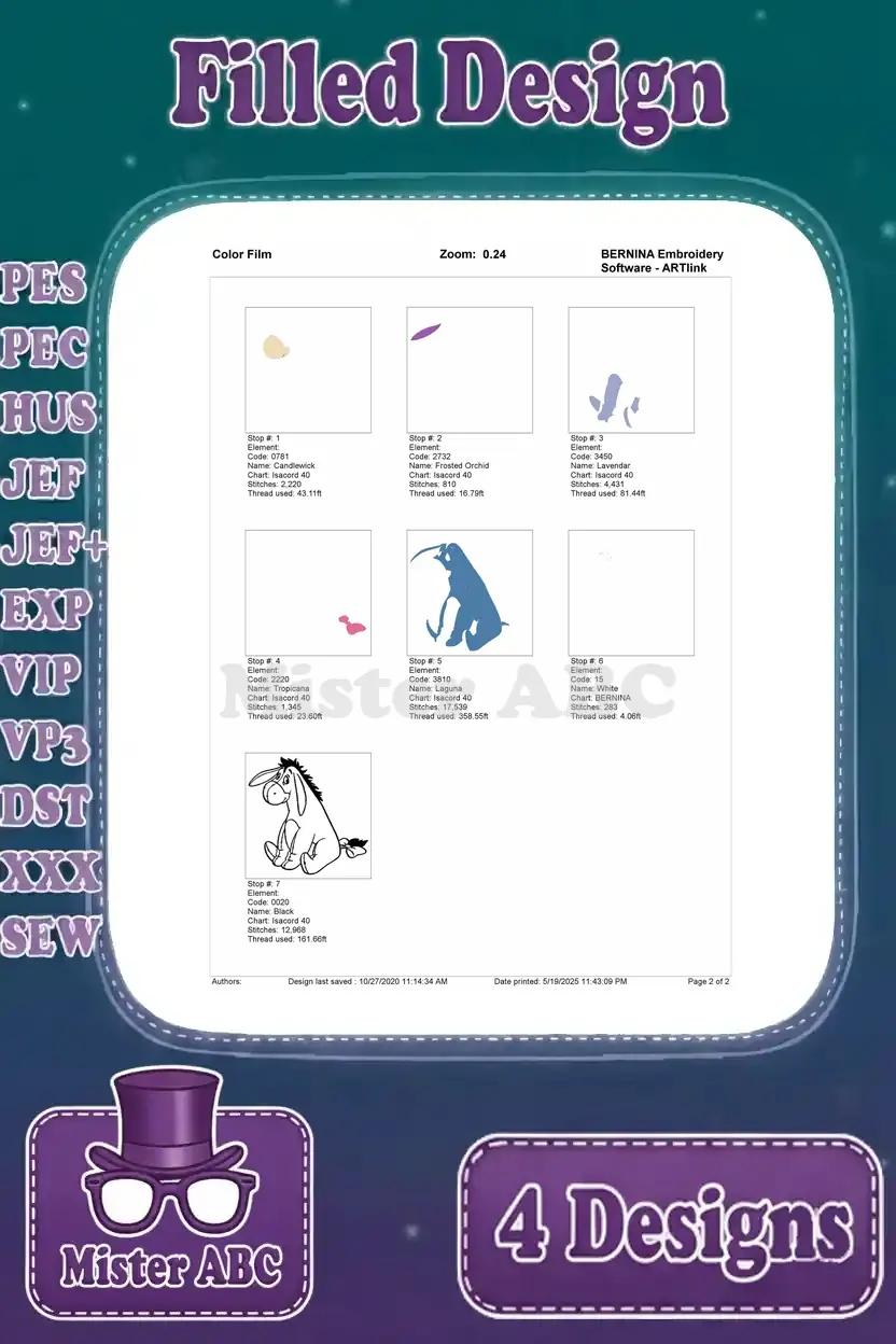 Color film breakdown for the Eeyore sitting embroidery design, illustrating the stitching sequence by color.