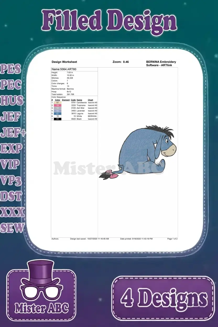 Detailed design worksheet for the second Eeyore filled embroidery pattern, showing stitch counts and color info.
