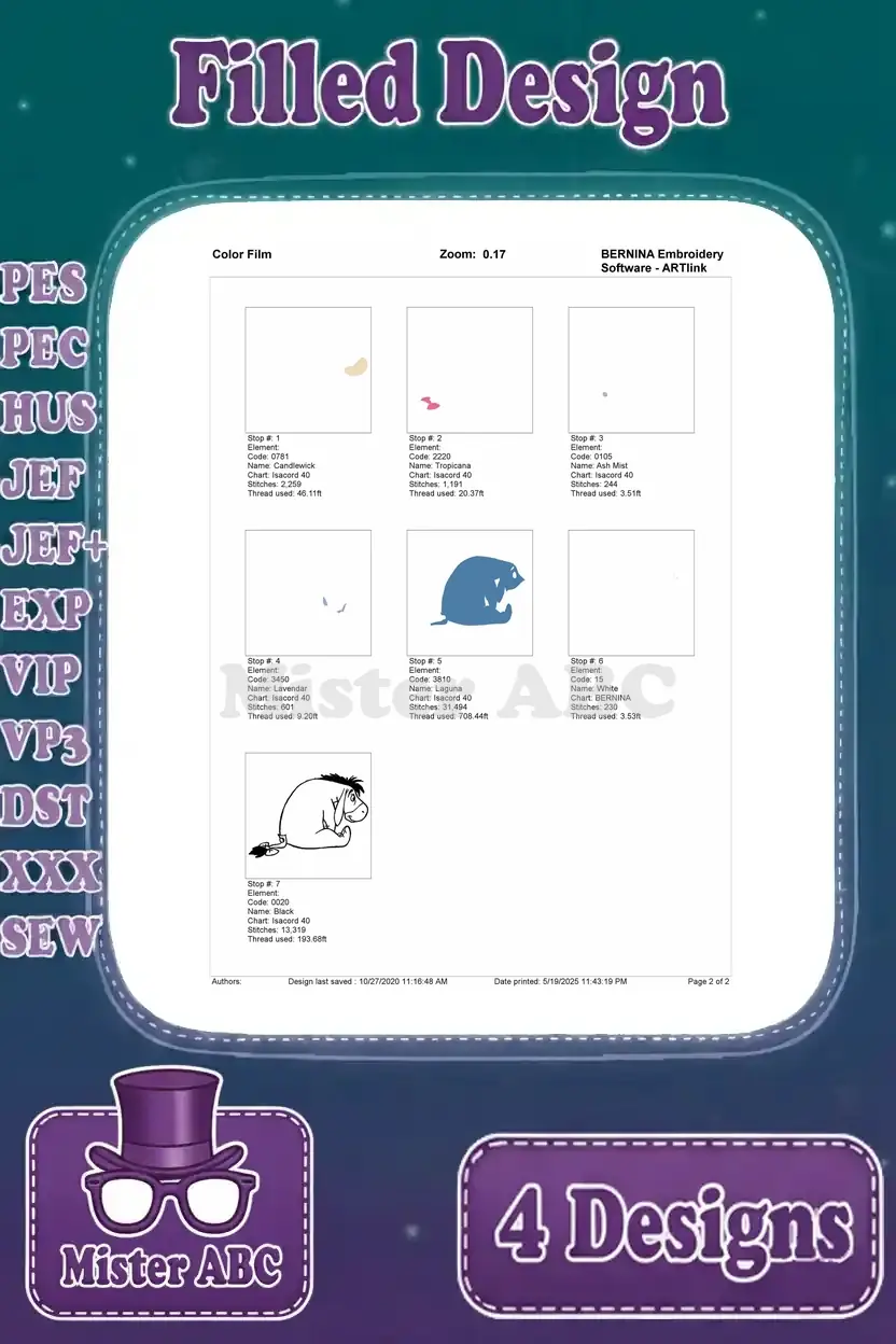 Color film breakdown for the Eeyore sitting left embroidery design, showing the step-by-step color application.
