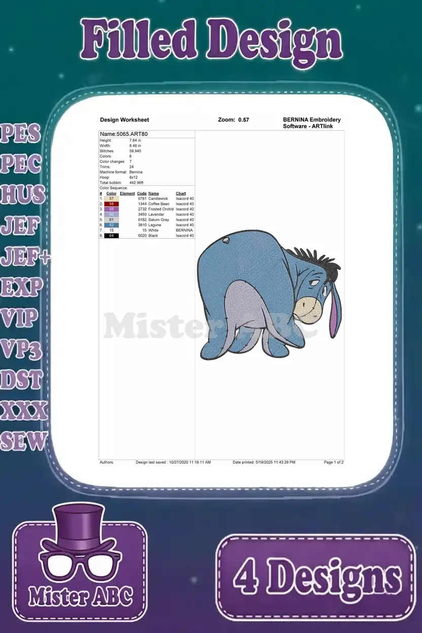 Detailed design worksheet for the third Eeyore filled embroidery pattern, including stitch data and color info.