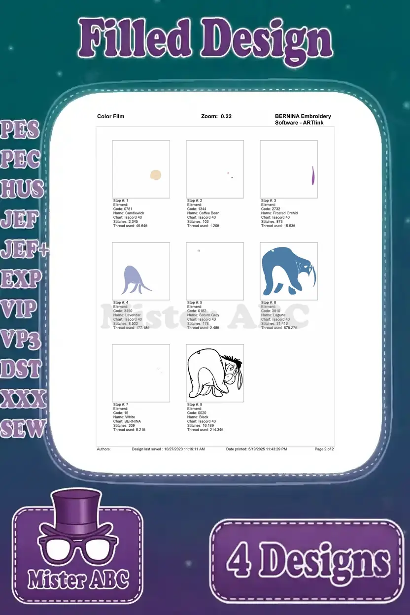 Color film breakdown for the Eeyore lying down embroidery design, illustrating the color sequence and thread usage.