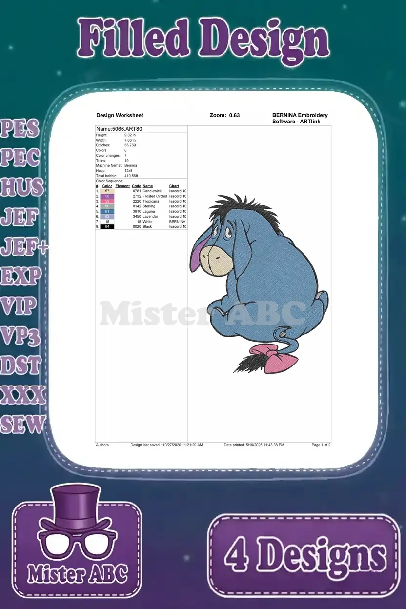 Detailed design worksheet for the fourth Eeyore filled embroidery pattern, with stitch counts and color info.