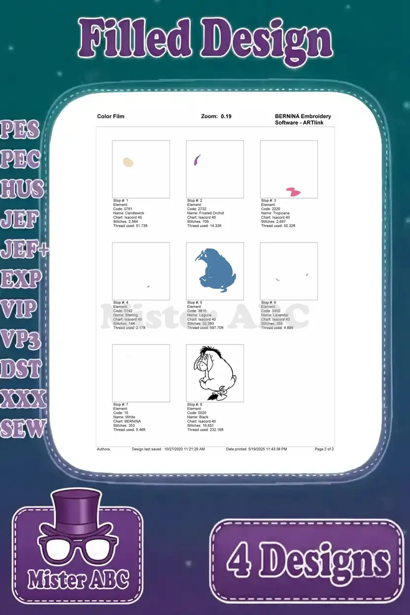 Color film breakdown for the Eeyore looking up embroidery design, illustrating the stitching order and colors.