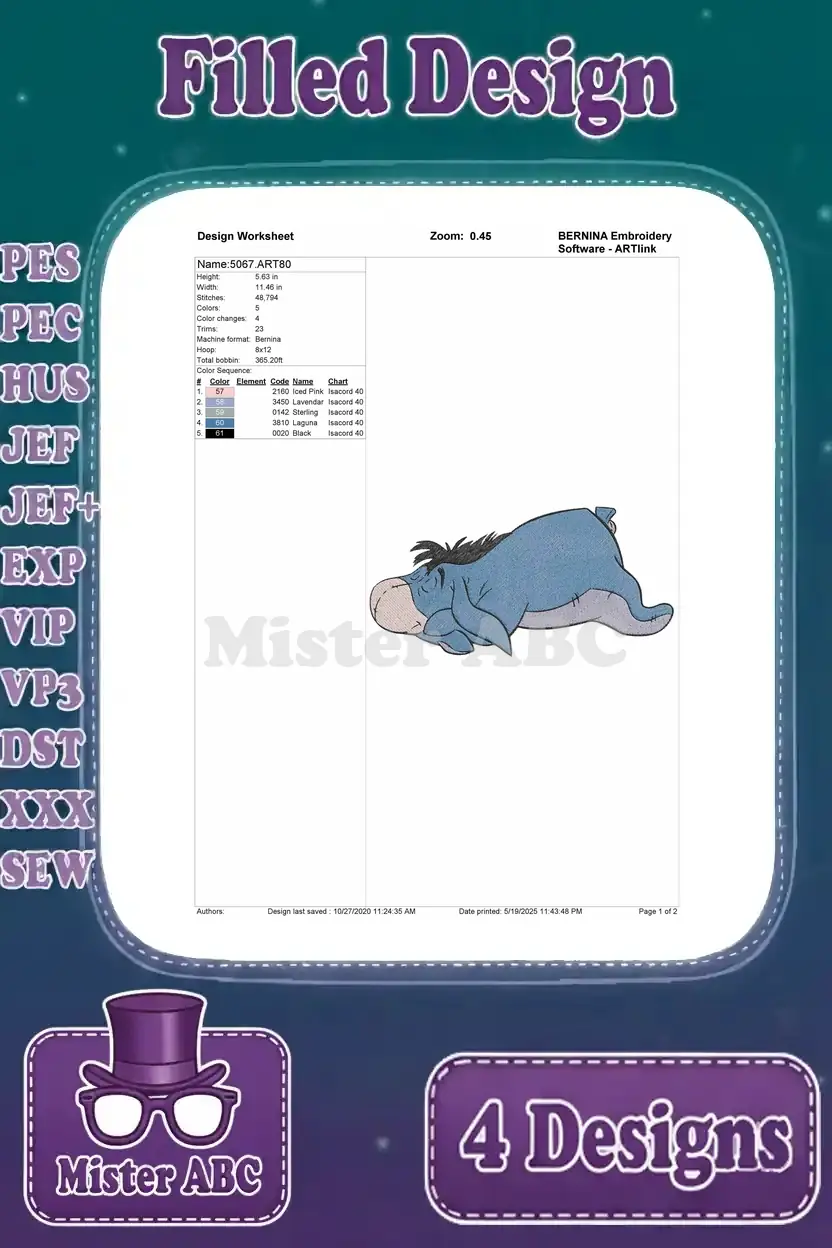 A detailed design worksheet for the first Eeyore embroidery, showing stitch count, colors, and design parameters for craft.