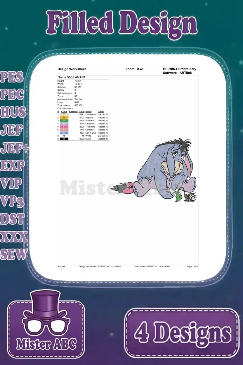A detailed design worksheet for the second Eeyore embroidery, showing stitch count, colors, and design parameters.
