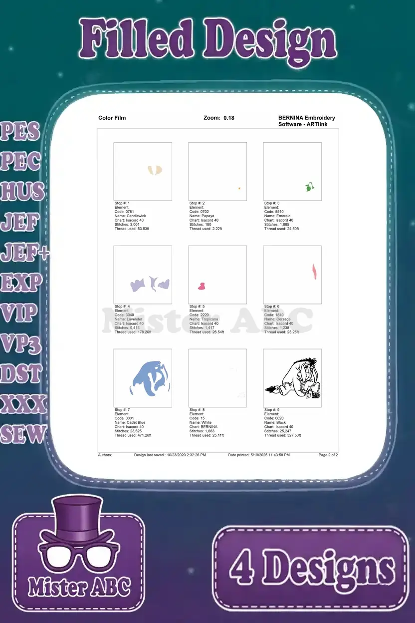 A color film preview for the second Eeyore embroidery design, illustrating the sequence of thread changes and design layers.