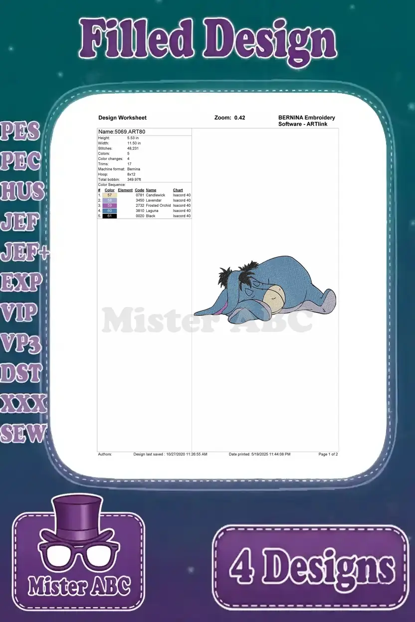 A detailed design worksheet for the third Eeyore embroidery, showing stitch count, colors, and design parameters.