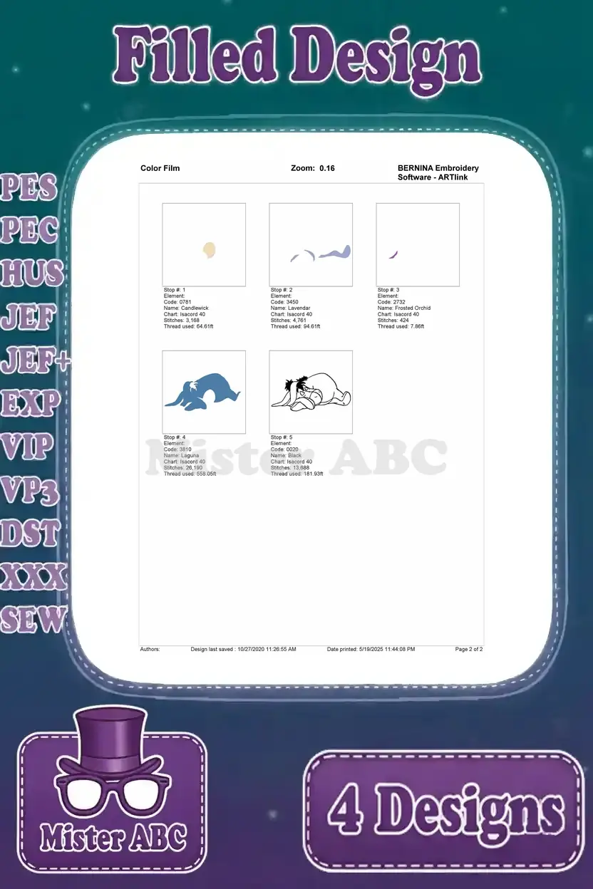 A color film preview for the third Eeyore embroidery design, illustrating the sequence of thread changes and design layers.