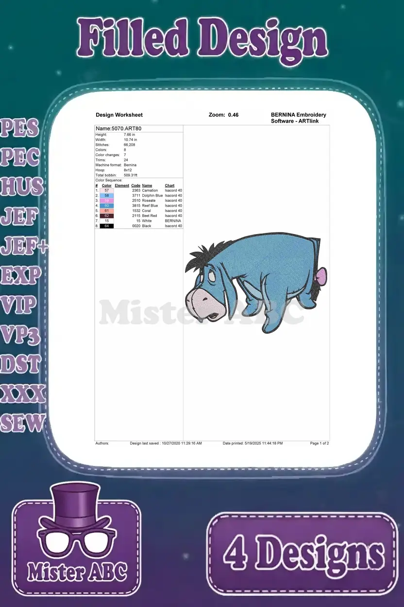 A detailed design worksheet for the fourth Eeyore embroidery, showing stitch count, colors, and design parameters.