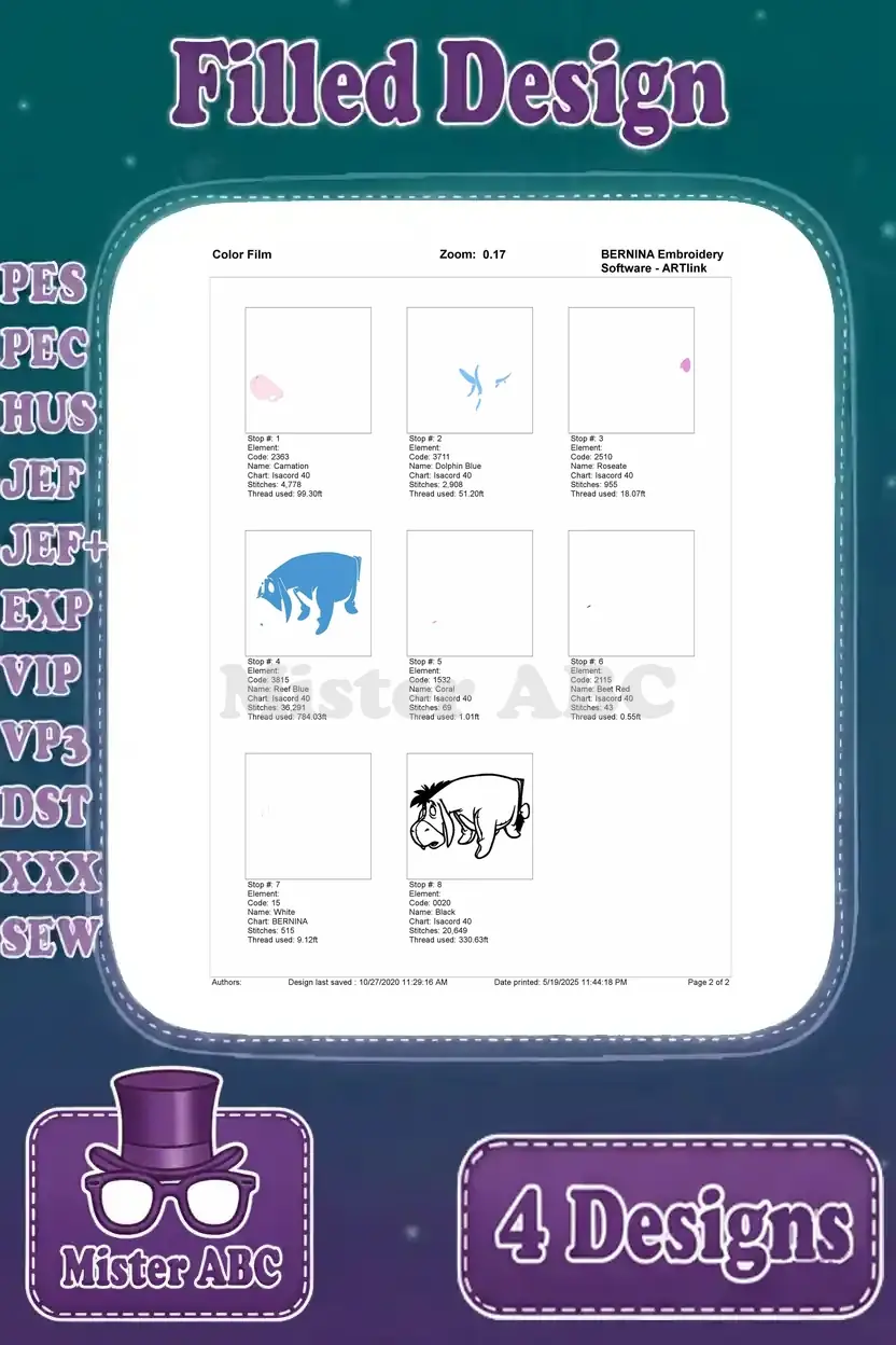 A color film preview for the fourth Eeyore embroidery design, illustrating the sequence of thread changes and design layers.