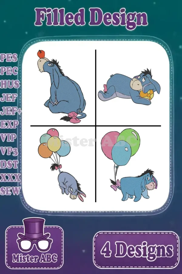 A delightful bundle of four Eeyore machine embroidery designs, showcasing various poses and vibrant filled stitching.