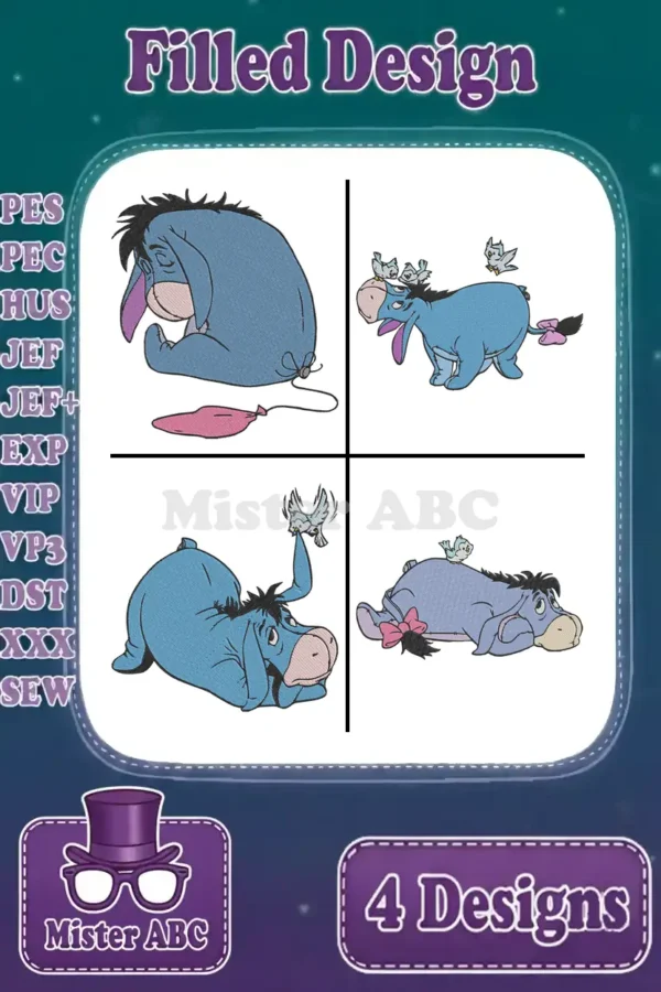 A vibrant embroidery bundle featuring four distinct Eeyore designs with various expressions and poses, ready for crafting.
