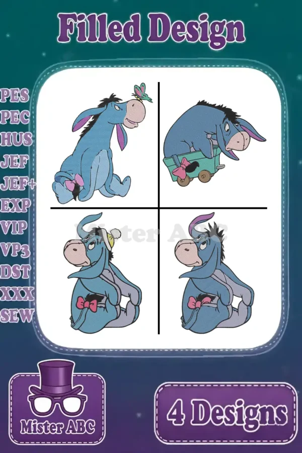 A vibrant collage showcasing four distinct Eeyore filled embroidery designs, ready for various crafting projects.