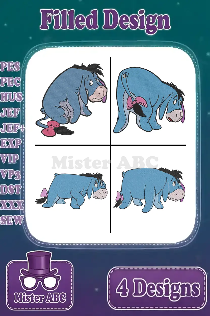 Main product image showing four distinct filled embroidery designs of Eeyore in various poses, with supported file formats listed.