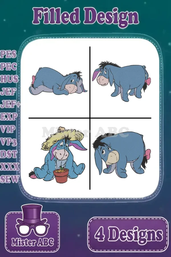 Four detailed filled embroidery designs featuring Eeyore from Winnie the Pooh in various charming poses, ready for stitching.