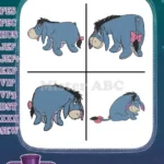 Winnie The Pooh - Eeyore Standing And Sitting Gloomily - Always With Pink Bow On Tail - Classic Character - Filled Embroidery Design - Instant Download