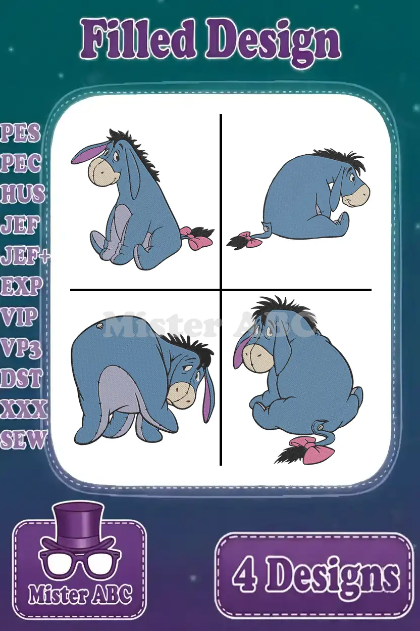 Four charming filled embroidery designs of Eeyore in various poses, perfect for Disney Winnie the Pooh fans.