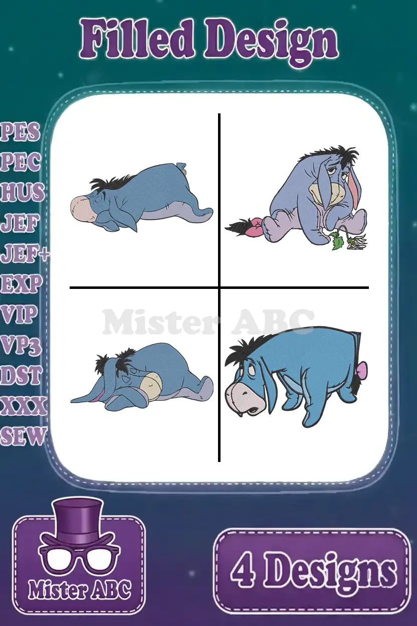 A vibrant main product image displaying four distinct Eeyore filled embroidery designs, compatible with multiple machine formats.