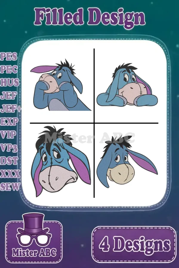 Four distinct Eeyore filled embroidery designs in a grid, showcasing various poses and expressions, with compatible file formats listed.