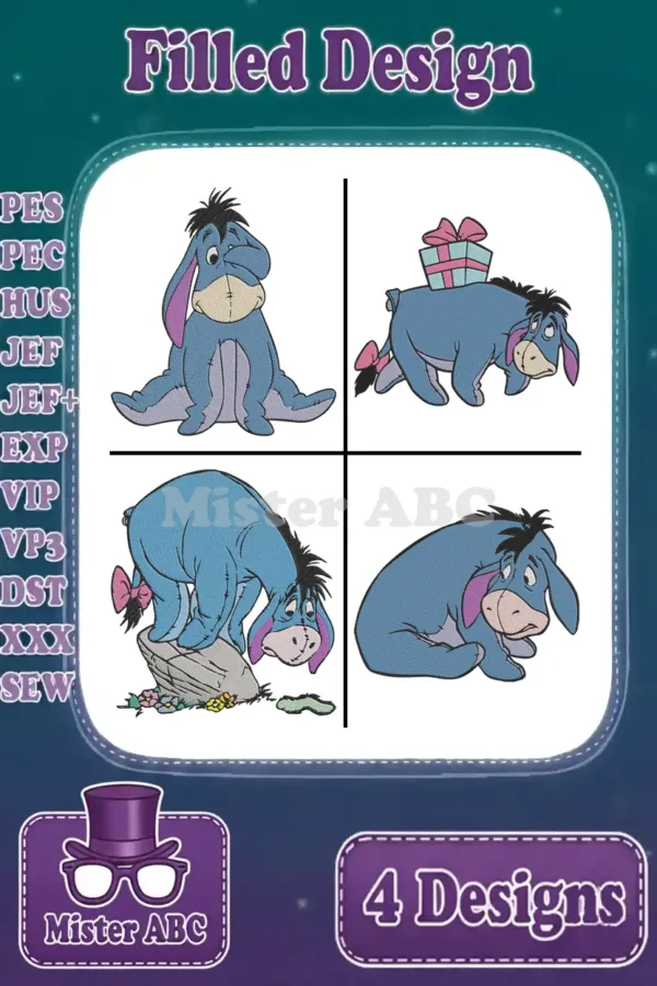 Four delightful Eeyore filled embroidery designs, showcasing the beloved Winnie the Pooh character in various charming poses. Includes file formats supported.