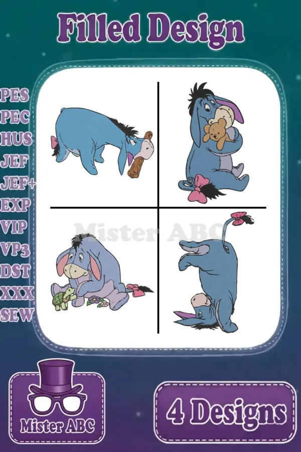 A grid of four distinct Eeyore filled embroidery designs, showcasing various poses and the available file formats.