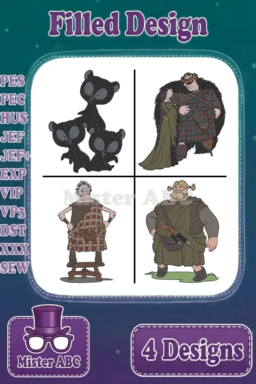 A vibrant collage of four filled embroidery designs from Disney Pixar's Brave, showcasing iconic characters and stitch quality.