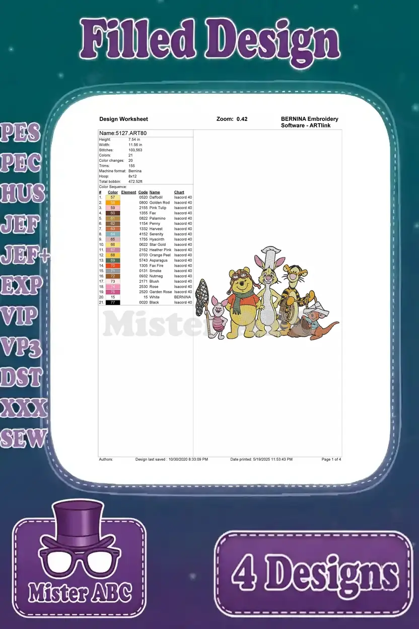 Embroidery design worksheet for a filled Pooh and friends design, detailing stitch count, color changes, and thread chart.