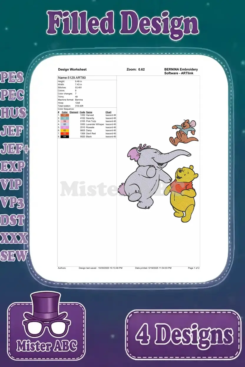 Embroidery design worksheet for a filled Lumpy and Pooh design, detailing stitch count, color changes, and thread chart.