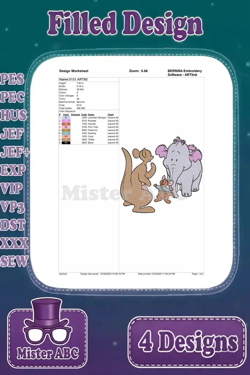 Detailed design worksheet for the Lumpy, Roo, and Kanga embroidery, showing thread colors, stitch count, and sequence.