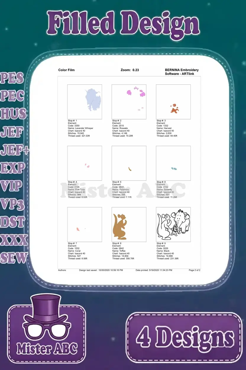 Color film breakdown for the Lumpy, Roo, and Kanga embroidery design, illustrating stitch order and thread stops clearly.