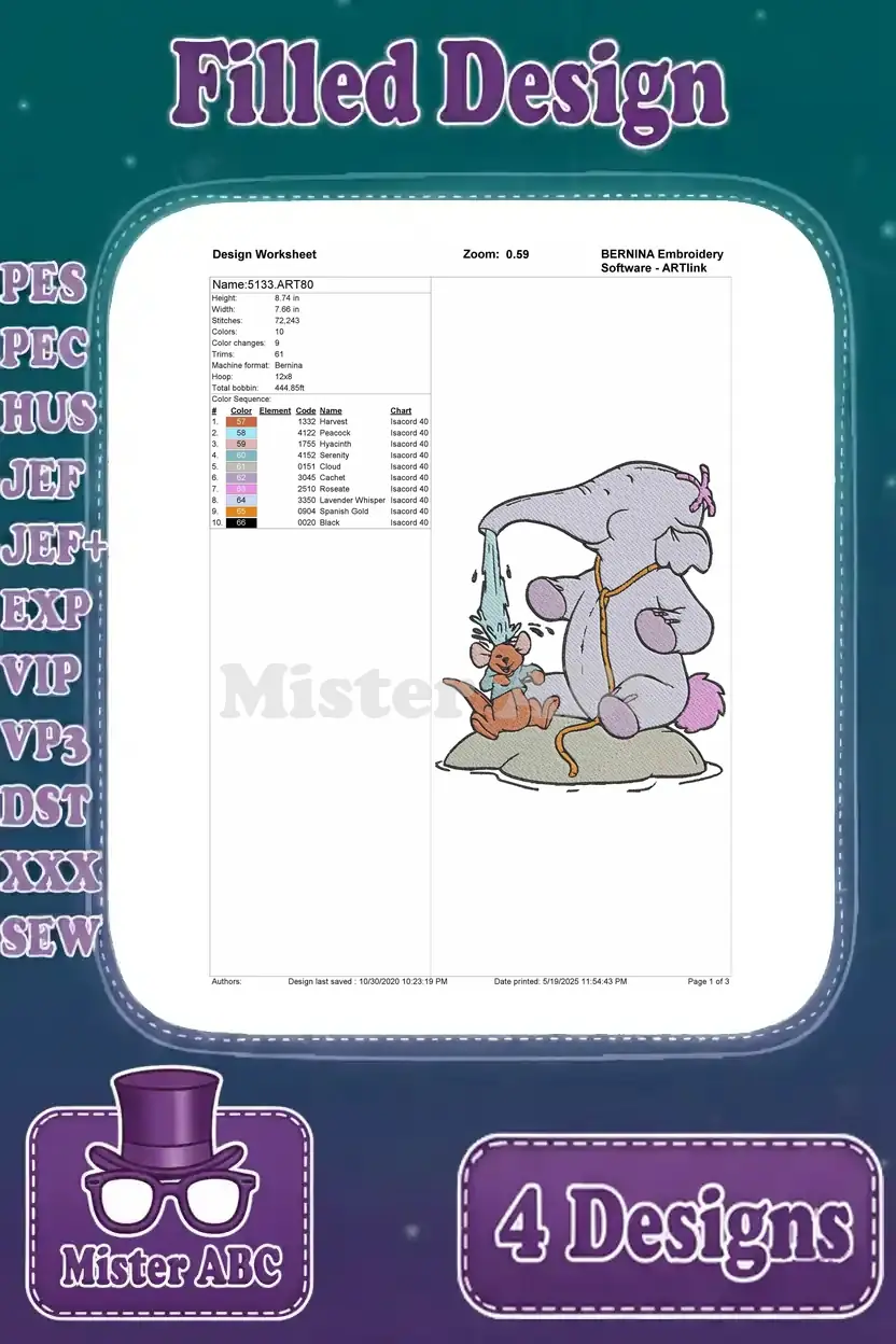 Design worksheet for the Lumpy giving Roo a shower embroidery, detailing thread colors, stitch count, and sequence.
