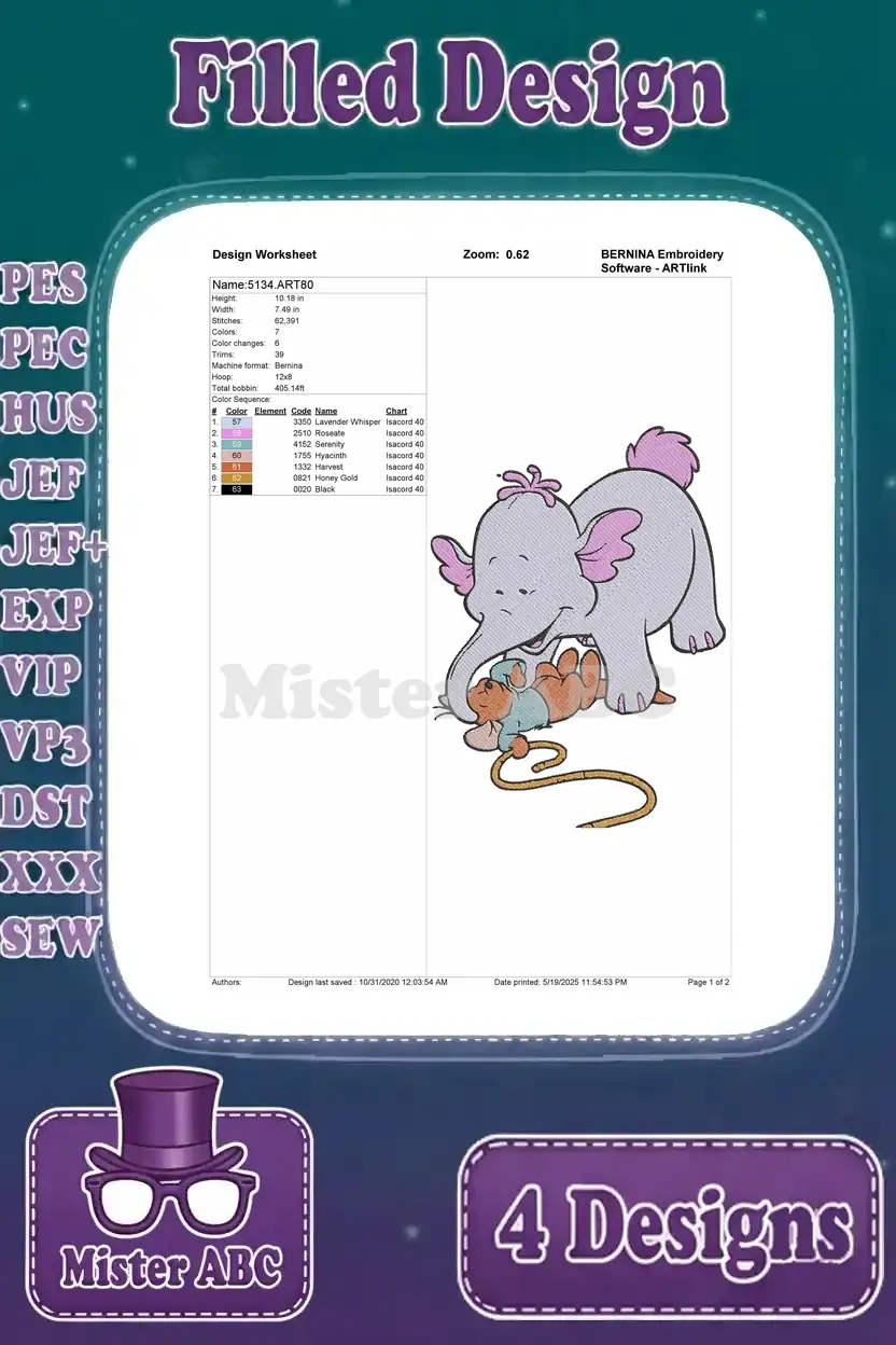 Design worksheet for the Lumpy comforting Roo embroidery, detailing thread colors, stitch count, and sequence.