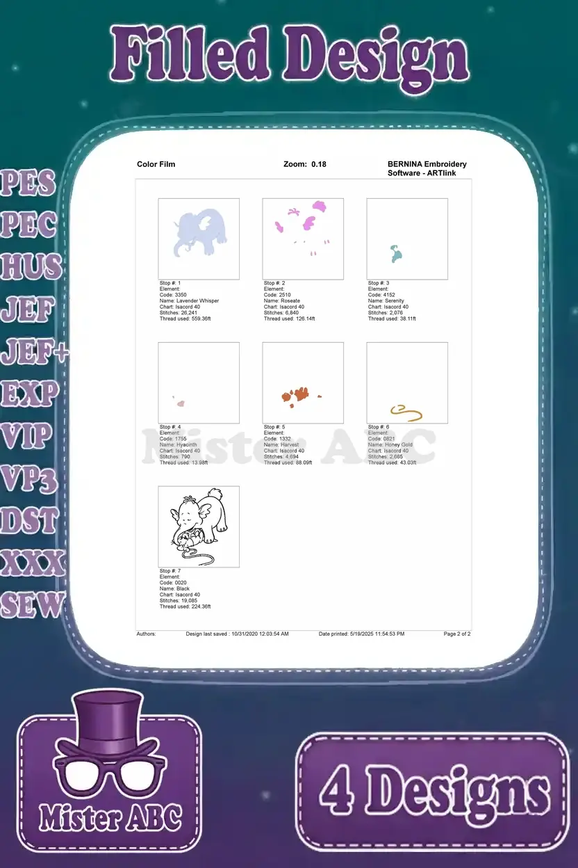 First and final page of the color film for the Lumpy comforting Roo embroidery, illustrating all thread color stops.