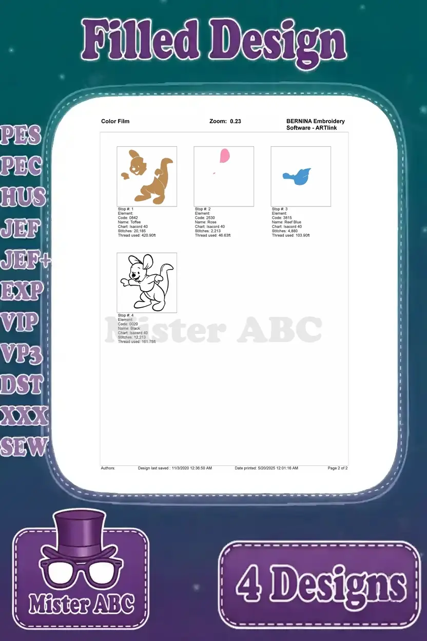 Color film breakdown for the standing Roo embroidery design, illustrating the individual stitch layers and color application sequence for optimal results.