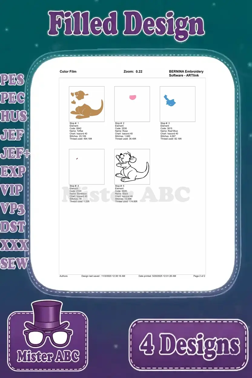 Visual color film sequence for the Roo reaching up embroidery design, showcasing the order of stitches and color application for a perfect finish.