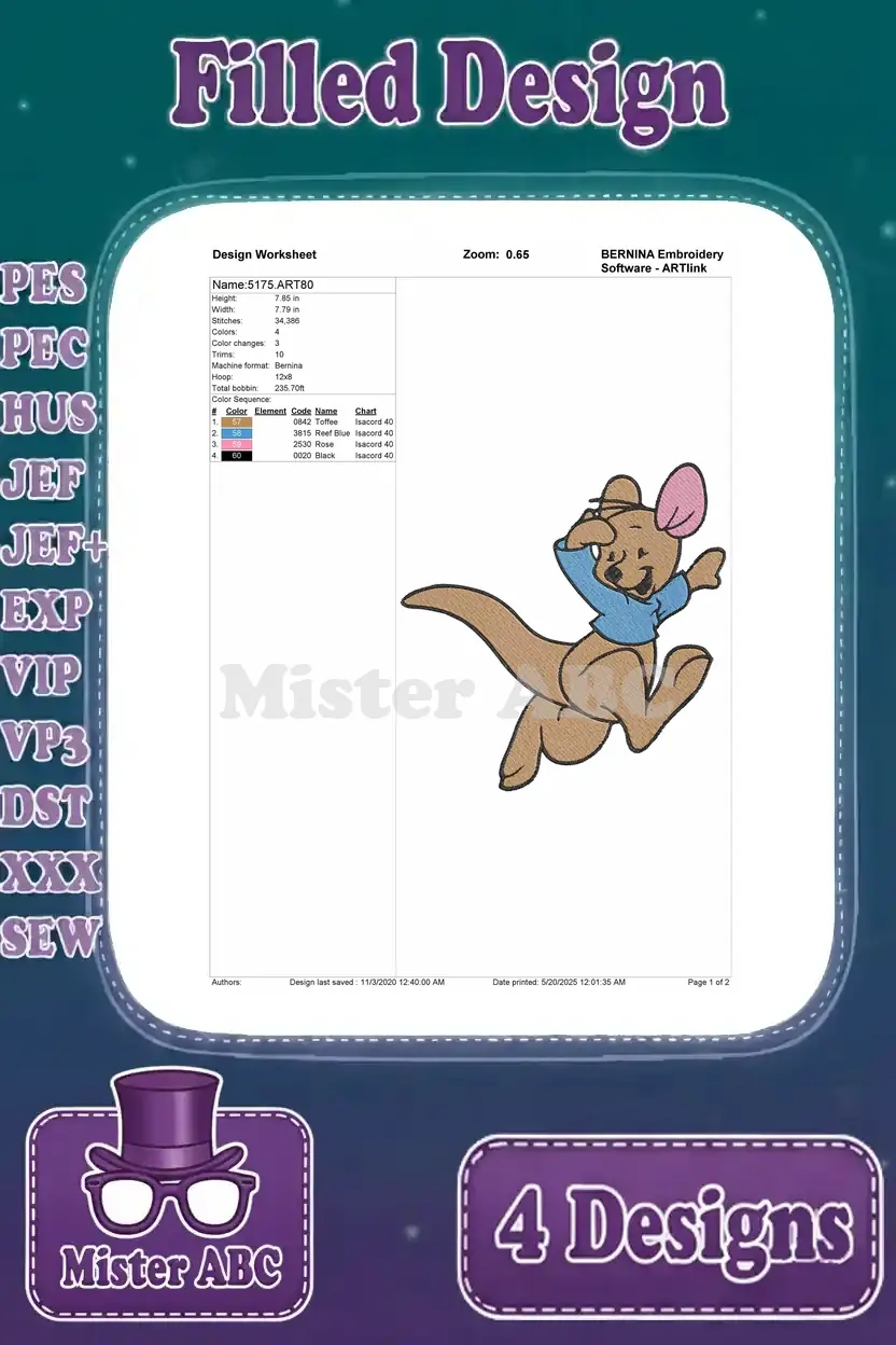 Detailed design worksheet for the third Roo embroidery design (5175.ART80), outlining stitch count, color sequence, and recommended hoop size for precise crafting.