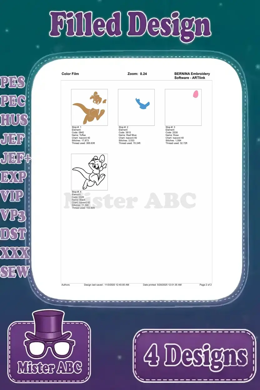 Color film visualization for the Roo jumping embroidery design, showing the precise layering of colors and outlines for a vibrant finished product.