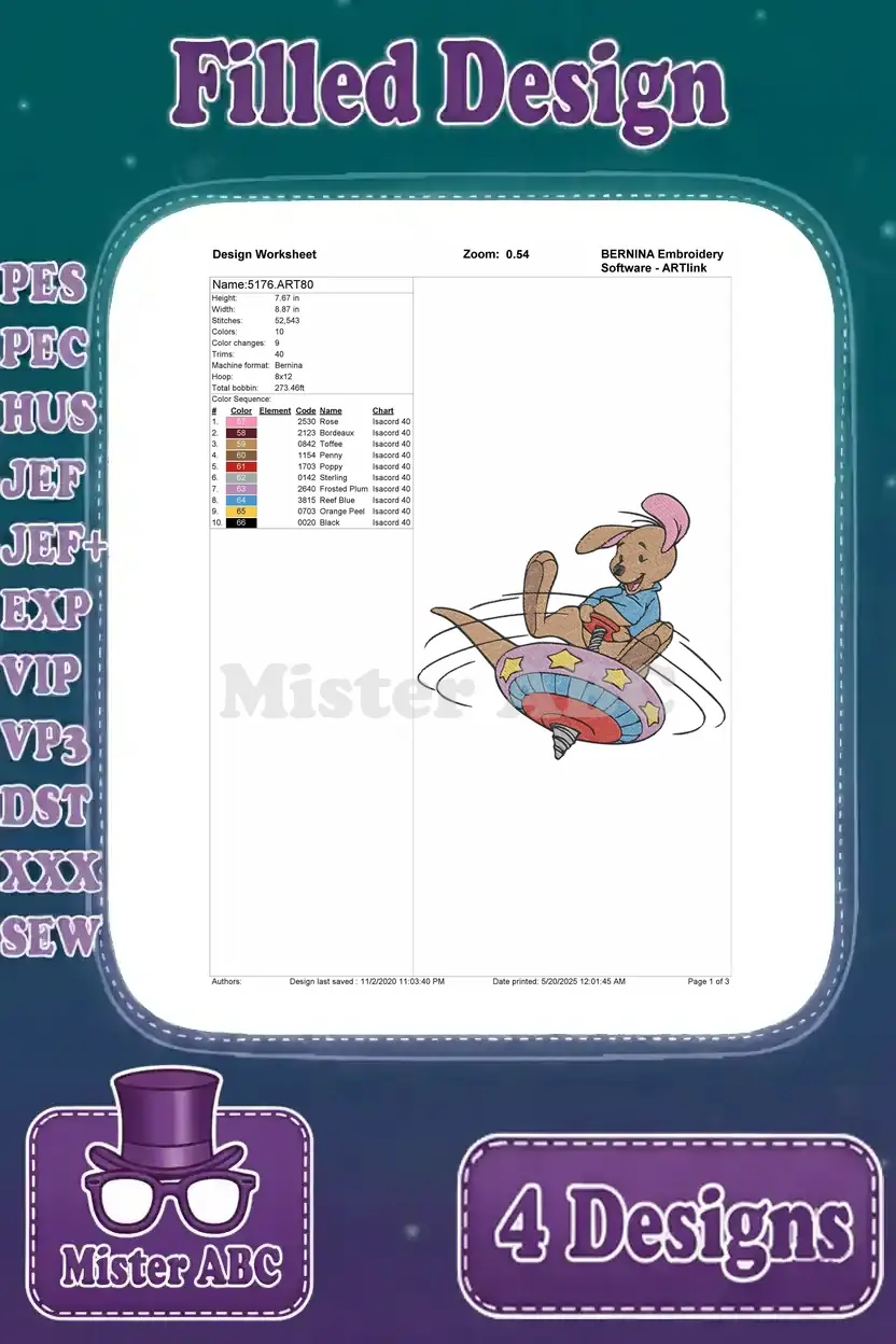 Comprehensive design worksheet for the fourth Roo embroidery design (5176.ART80), featuring Roo on a spinning top, detailing stitch count and color information.
