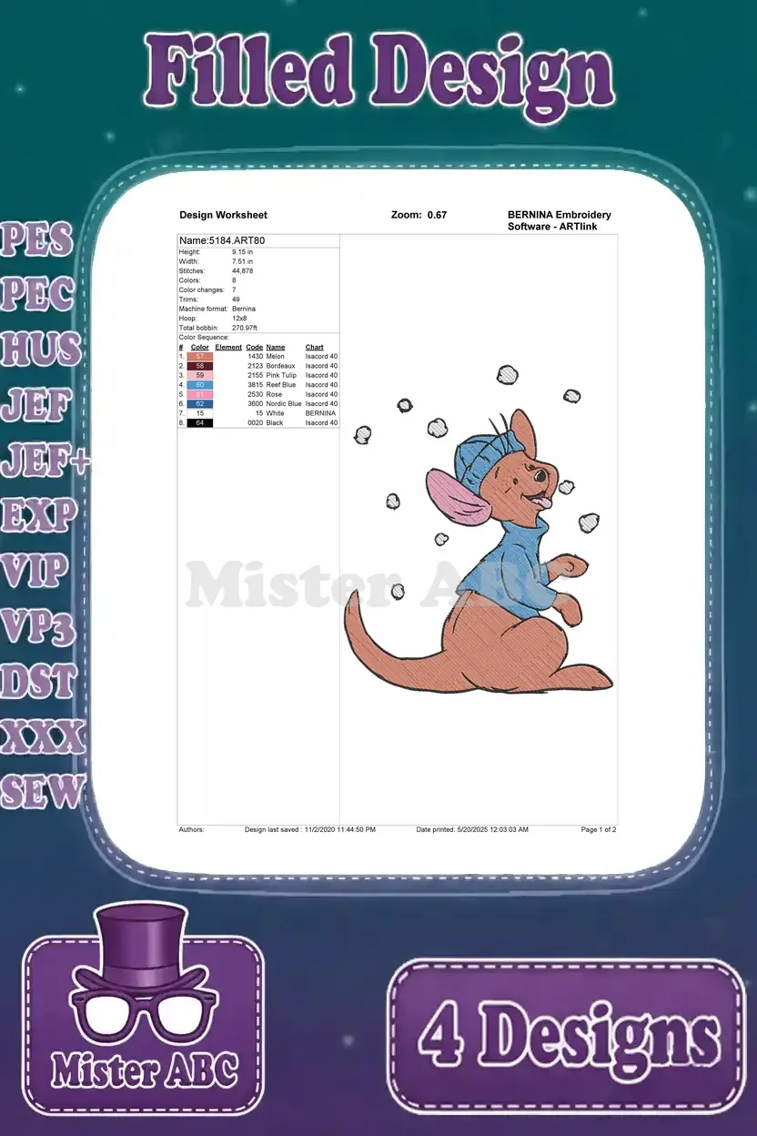 A detailed design worksheet for an embroidery pattern of Roo sitting in a winter scene, showing stitch count and color sequence.