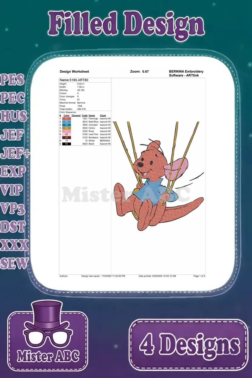 A detailed design worksheet for an embroidery pattern of Roo happily swinging, outlining stitch count and color codes.