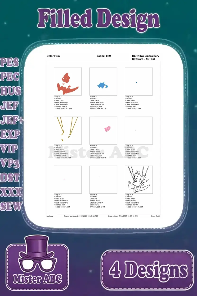A color film sequence showing the stitch-out process and thread changes for the Roo swinging embroidery design.