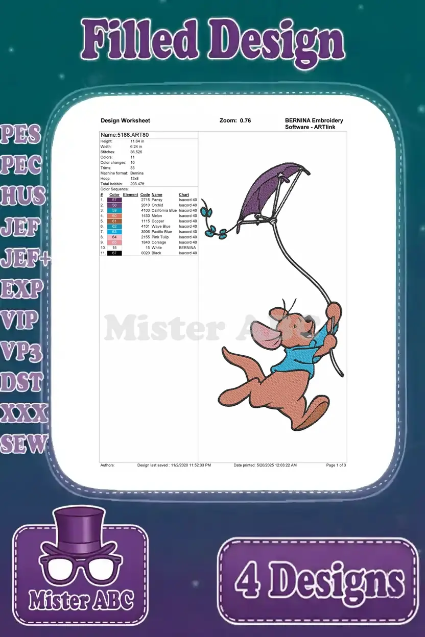 A design worksheet for an embroidery pattern of Roo flying a kite, detailing stitch information and thread colors.