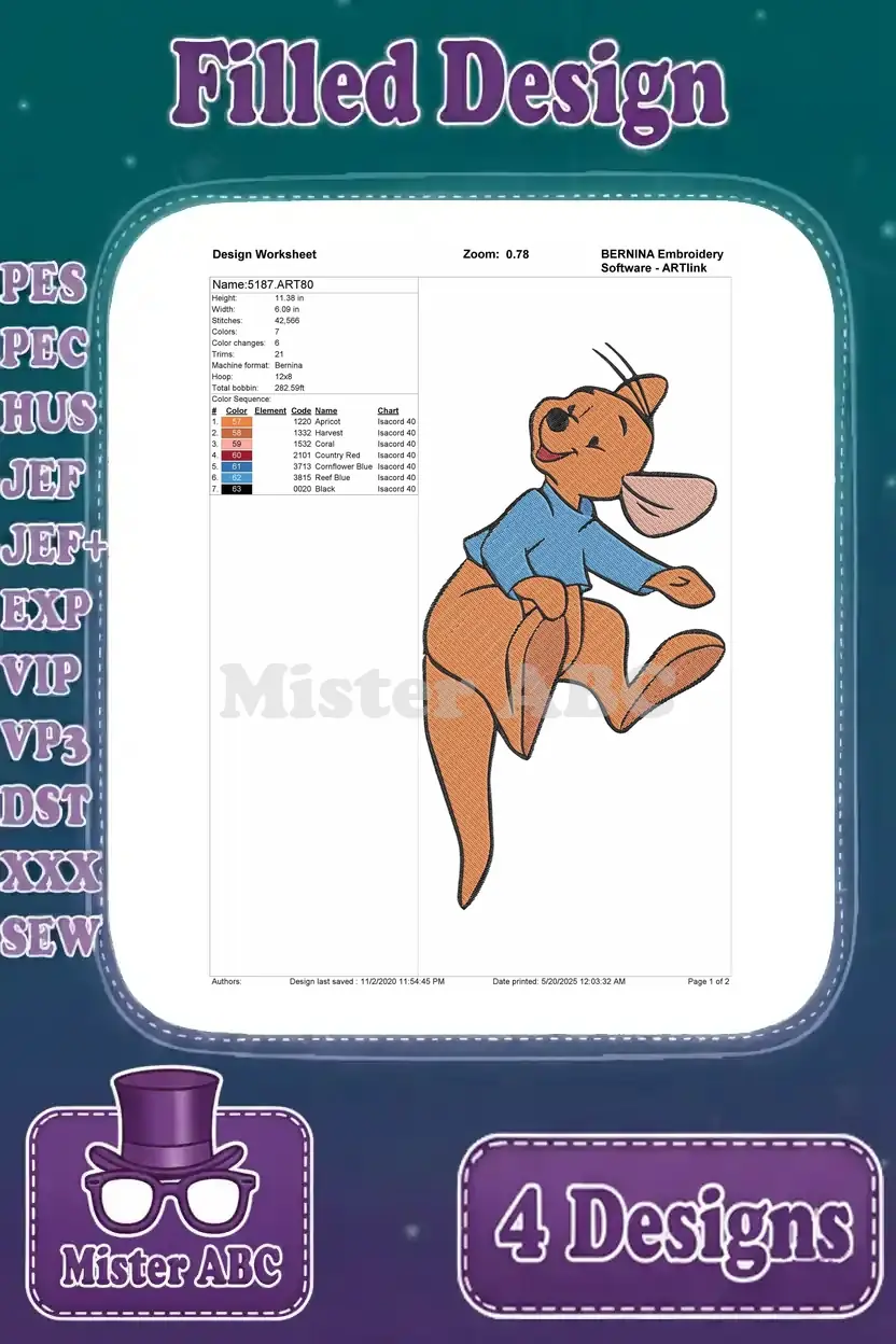 A design worksheet for an embroidery pattern of Roo jumping, providing stitch count, color changes, and thread details.