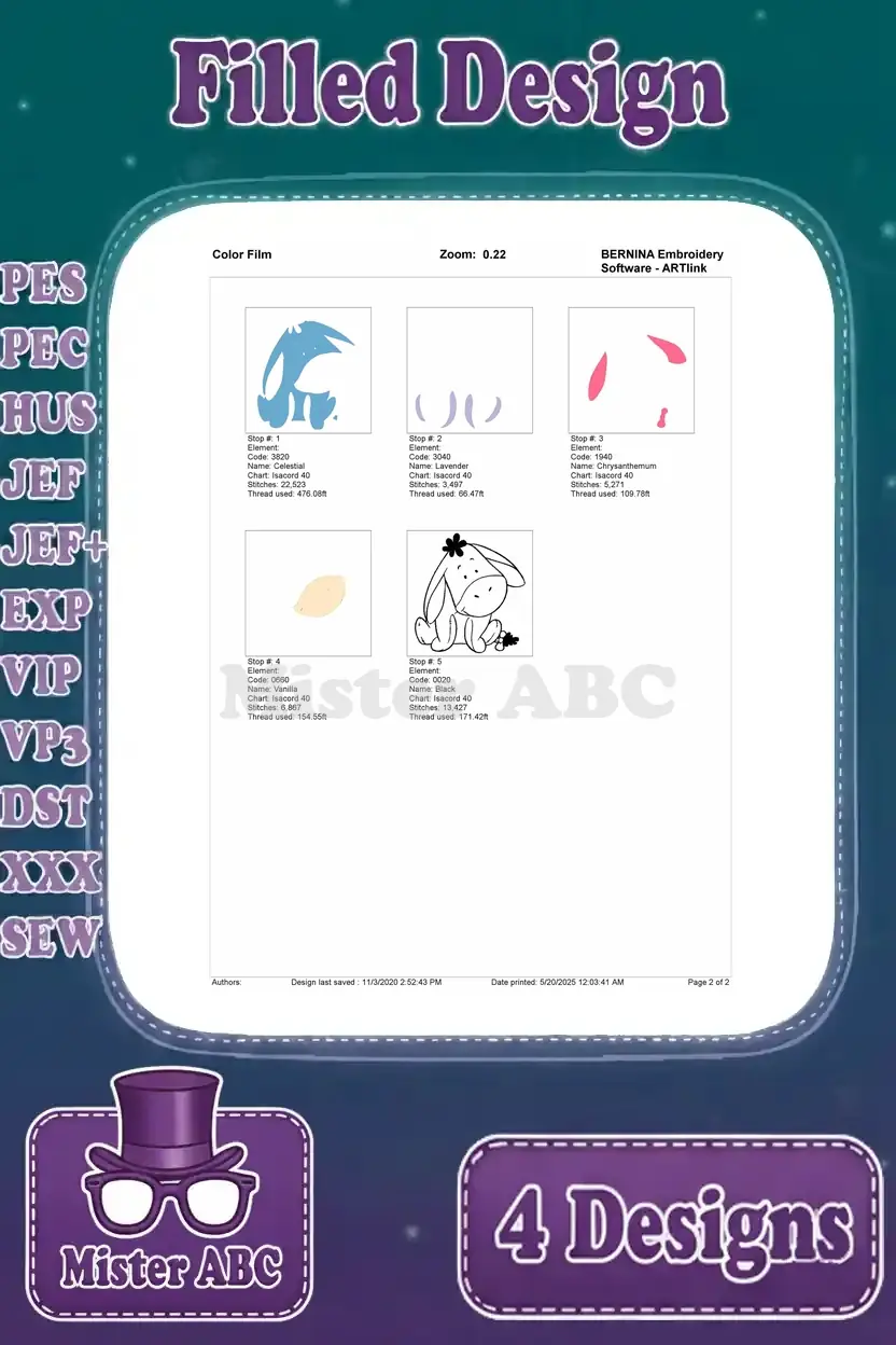 Color film breakdown for the sitting Eeyore embroidery design, illustrating the precise layering of stitches.