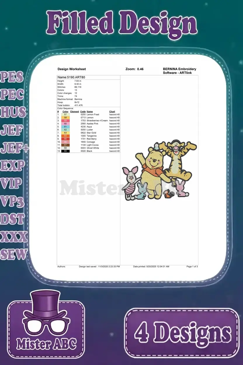 Design worksheet for Winnie the Pooh, Piglet, and Tigger filled embroidery, detailing stitch counts and colors.