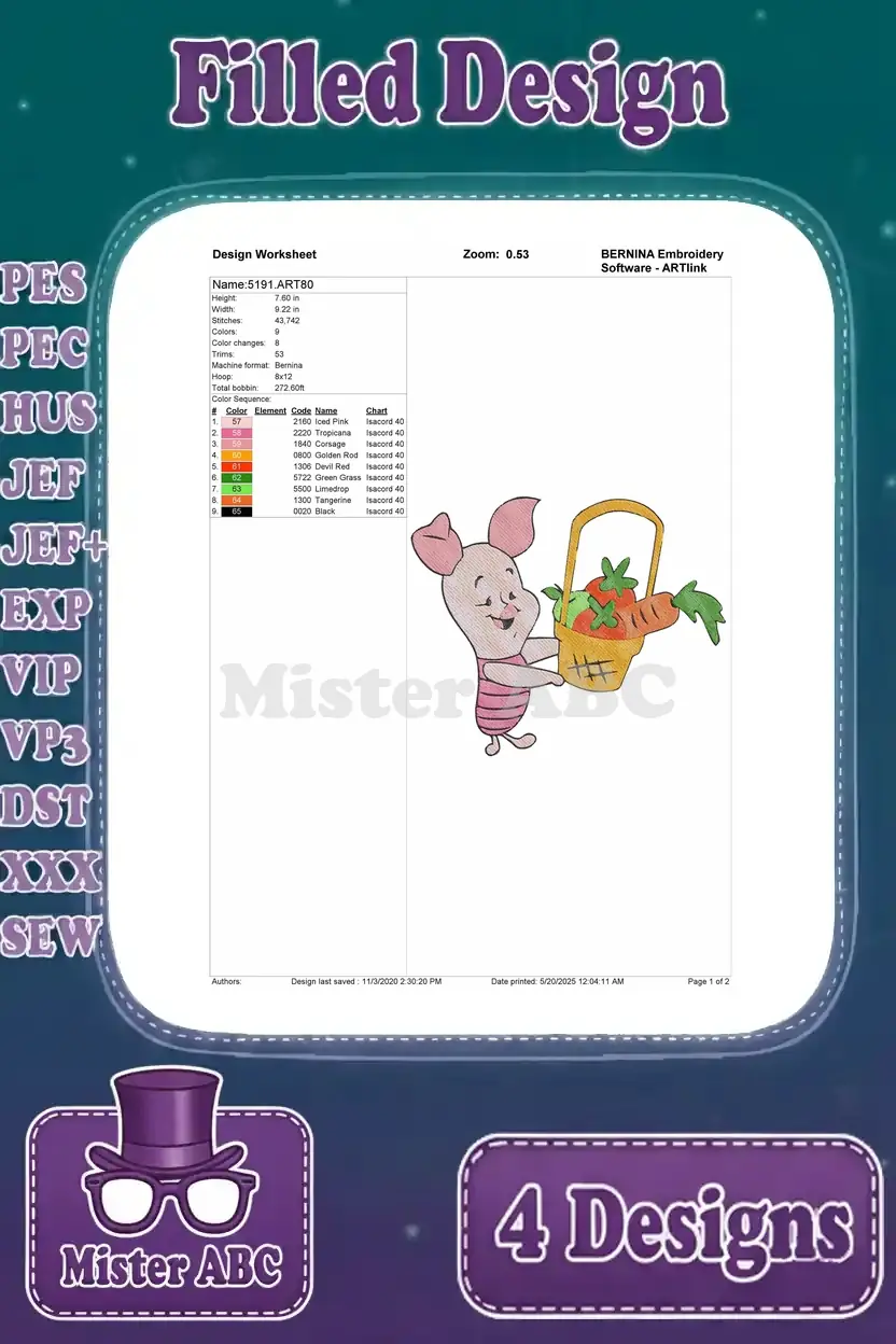 Design worksheet for Piglet holding a basket of carrots filled embroidery, with stitch details and colors.