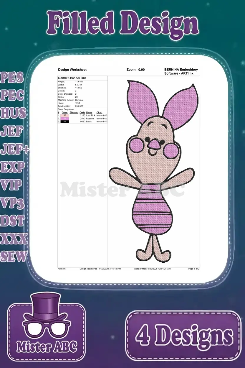Detailed design worksheet for a standing Piglet filled embroidery, showing stitch count and color sequence.